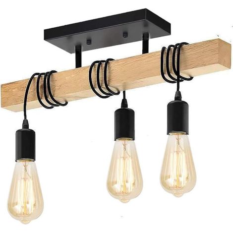 Lustre industriel en bois noir 50cm – Douille E27 pour ampoules variées – Longueur de câble réglable jusqu'à 100cm – Style rétro moderne (1/3)
