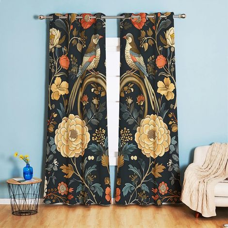 2 Panels Opaque Curtains with Eyelets Flower Birds Decorative Thermal Curtain Cold Protection for Bedroom Kids Room 62 x 52 Inch (1/5)