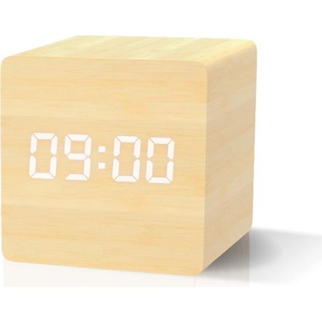 Réveil numérique couleur bois naturel, réveil LED avec affichage de la date, de la température, 3 alarmes, 4 niveaux de luminosité, alimentation par piles ou USB. (1/5)