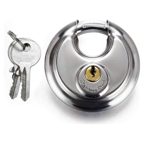 70 mm grande Distribution Cadenas en acier inoxydable Forme ronde gâteau Lock entrepôt Porte Disc Chaîne antivol Serrure avec 2 clés (1/4)