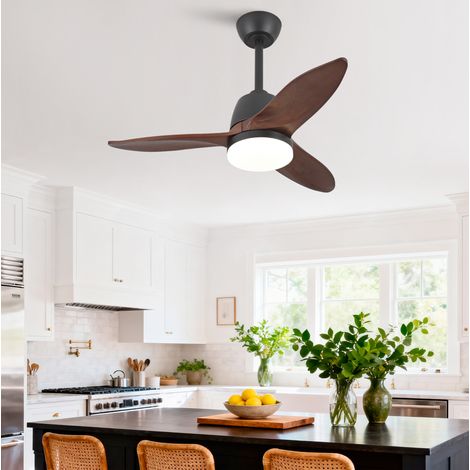Ventilatore da soffitto Ø91,4 cm con 3 pale in legno massello, motore DC reversibile, luce LED dimmerabile 3 tonalità, nero/noce scuro (1/5)