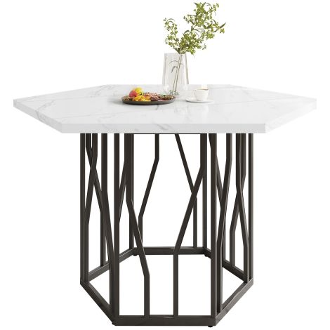 Table à manger hexagonale effet marbre, pieds métal noir design