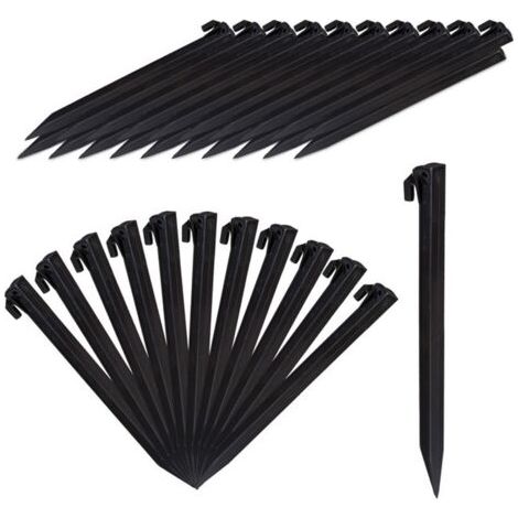 Piquet de fixation, lot de 64 sardines de tente, piquets d\'ancrage, pour sol et jardin, 31 cm de long, plastique, noir (1/4)