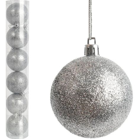 Set di 6 palline di plastica glitterate da 6 cm, colore argento. (1/2)
