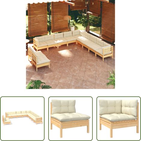 Terrassensofa - 11-tlg. Garten-Lounge-Set mit Creme Kissen Massivholz Kiefer (1/5)