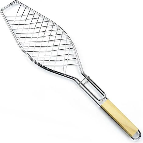 Gril à poisson 36 x 15 cm, panier barbecue avec manche en bois, support à poisson avec pince pliable pour légumes et crevettes, accessoire de barbecue (1/4)