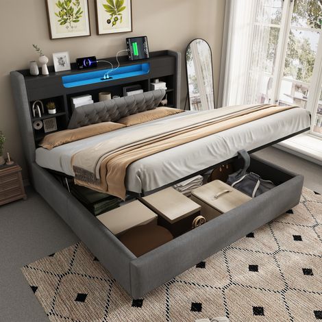 Lit 140x200 – Hydraulique – LED – USB/Type-C – Tête étagère – Lin gris – Sans matelas (1/5)