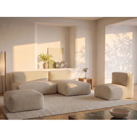 Canapé d'angle modulable avec fauteuil et pouf en velours côtelé beige NOUMARA (1/5)
