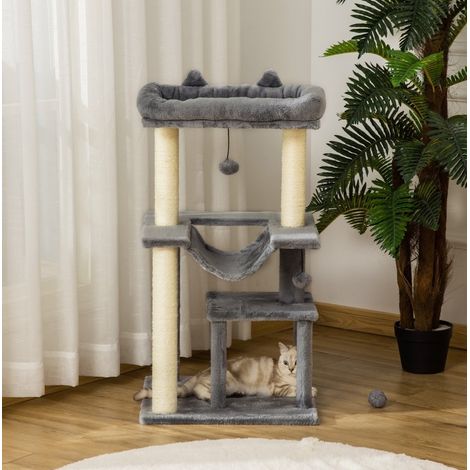 Árbol para gatos de 90 cm con hamaca, guarida, plataformas y rascadores, gris, OKWISH (1/5)