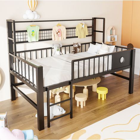DESVIAE Lit mezzanine bas enfant 90 x 200 cm avec structure en métal garde corps hauts rangement sous le lit barre de penderie étagère en filet pour chambre enfant adolescent noir (1/5)