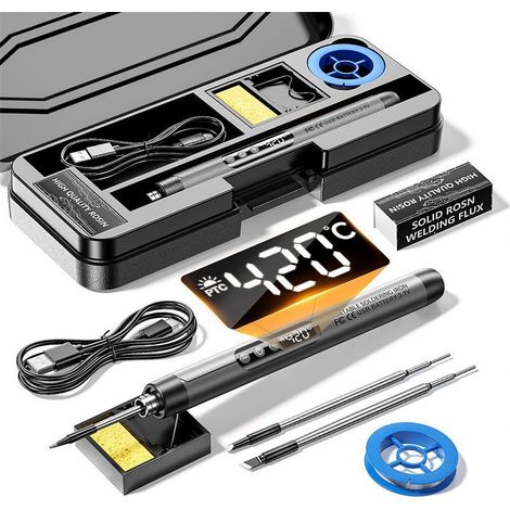 Kit fer à souder sans fil rechargeable USB avec écran LCD, température réglable de 260°C à 420°C, comprend 3 pannes à souder (1/5)