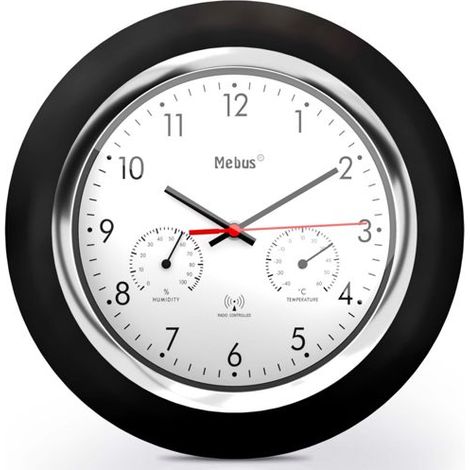 Mebus Funk-Wanduhr mit Thermometer und Hygrometer/Schwarzer Rahmen/weißes Zifferblatt / 24cm Durchmesser/Rund/Modell: 19453 / Farbe: Schwarz, Weiß (1/5)