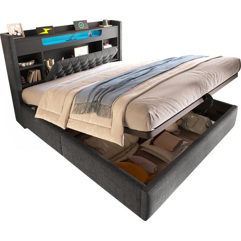CHICFURN Cama 140x190 cm con canapé abatible hidráulico, LED, USB y USB-C, cabecero con estantes y almacenaje, cama tapizada de tela gris sin colchón (1/5)