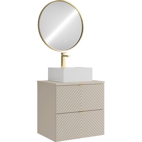 Mobile bagno sospeso con lavabo da appoggio quadrato, rubinetto e specchio Beige 60 cm - DORIONI