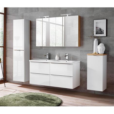 Badmöbel Set mit Doppel-Keramik-Waschtisch und 2 Spiegelschränken TOSKANA-56 Hochglanz weiß/Wotaneiche BxHxT ca. 230/190/46cm (1/5)