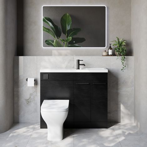 Napoli 250 Nero Oak 1000mm 2 Door Vanity Unit Toilet Suite with Square Silvo Basin - 1000mm - Matt Black 160mm HandleWith Kingston Toilet Pan and Seat