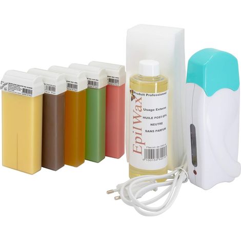 Kit Chauffe Cire Épilation Professionnelle avec 5 x Recharges Roll on Cire Chocolat/Vanille/Rose/Miel/Alèo Vera, 100 x Bandes d'Épilation et Huile après Épilation - Gamme Solo Multi (1/5)