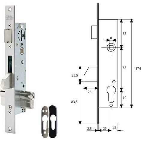 Serrure Tesa 2210/25/3NI avec rosace de sécurité E190