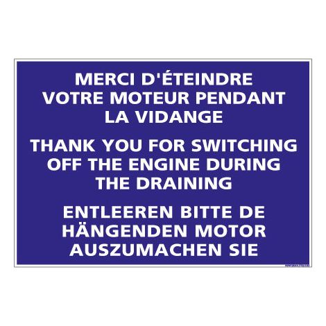 PANNEAU DE SIGNALISATION CAMPING ETEINDRE VOTRE MOTEUR (H0221) Français-Anglais-Allemand - Plastique PVC 1,5 mm - 300 x 210 mm