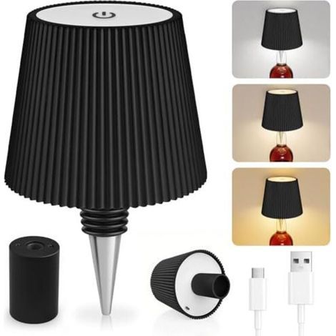 Wireless bottle lamp, 3 adjustable color temperature modes, touch control, IP54 protection, wireless USB charging, table lamp for restaurants, bedrooms and gardens (black) (1/4)