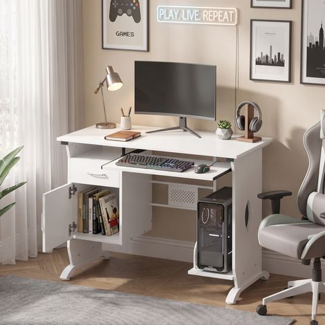 Bureau d'ordinateur 100x52x75 cm, tablette clavier coulissante tiroirs support UC blanc. Compact et fonctionnel pour un bureau moderne et bien équipé. (1/5)