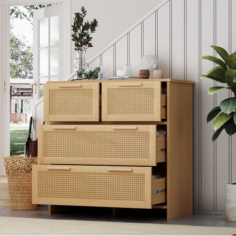 Comò a 4 cassetti in rattan, MDF e legno, colore naturale 80 x 80 x 38 cm DESVIAE (1/5)