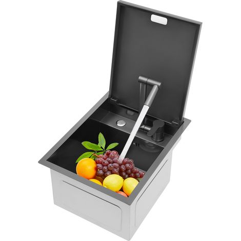 Lavabo caché, 45 x 35 x 21 cm, 1 bac avec couvercle, rectangulaire, encastrable avec robinet pliable, rotatif à 360 °, en acier inoxydable 304, pour cuisine, bar, café, restaurant