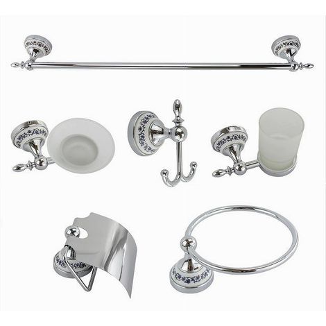 Set De Baño 6pzs Acero Cristal Cerámica Azul Negro 52438 Jabonera Portarollos -