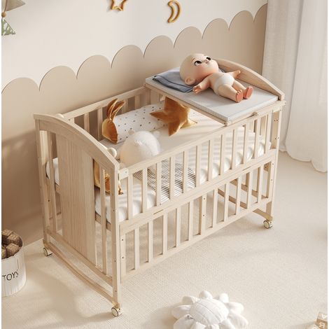 Lit enfant 120x60 cm évolutif, avec table à langer et mode cododo, en bois, naturel, sans matelas (1/5)