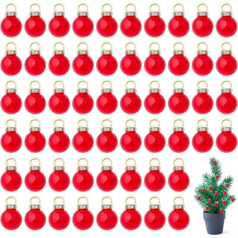 100 Pieces Mini Christmas Baubles, 1cm, Mini Christmas Baubles with Gold Thread, Small Red Plastic Christmas Baubles for Christmas Tree Decoration, Dollhouse, Jewelry Making, Necklace (1/5)
