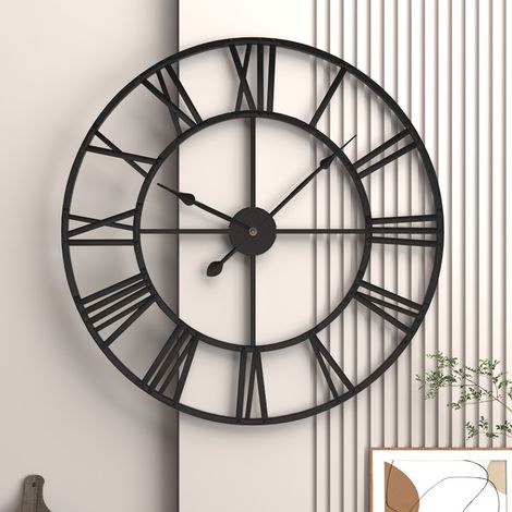 Reloj de pared antiguo de hierro forjado para salón, estilo nórdico, redondo, con números romanos, silencioso.