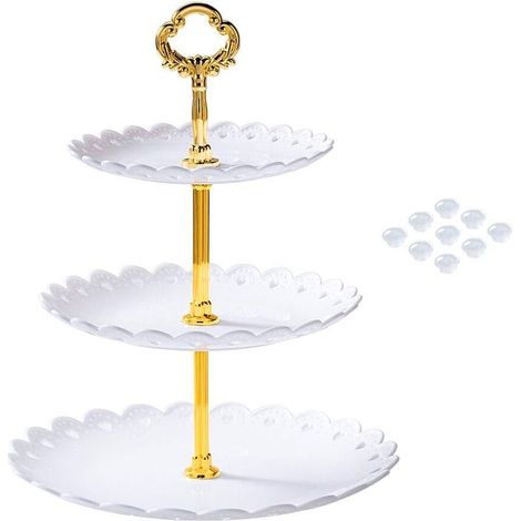 Présentoir à cupcakes blanc pour table de desserts, plus qu'un simple plateau de service à 3 étages : grâce à son bouton, ce présentoir élégant se transforme en trois plateaux de service chacun. (1/3)