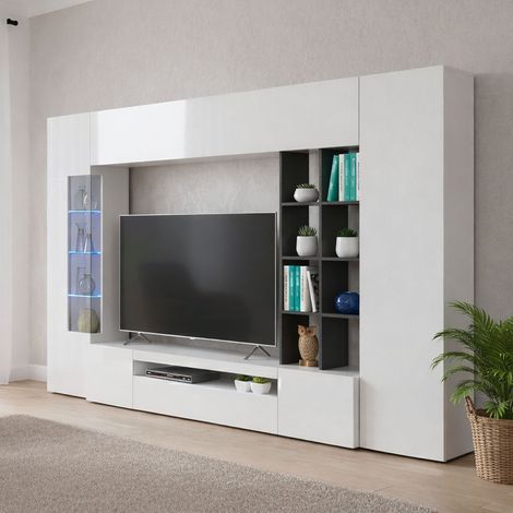 Dmora - Pared Equipada Dlazzar, Conjunto de salón con soporte TV, Mueble salón polivalente con luz LED, 100% Made in Italy, cm 290x40h192, Blanco Brillo y Pizarra (1/5)