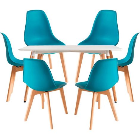 Conjuntos de mesa y sillas - Conjunto Mesa Tower Rectangular 120 x 80 cm Blanca y Pack 6 Sillas Kelen - Verde azulado (1/5)