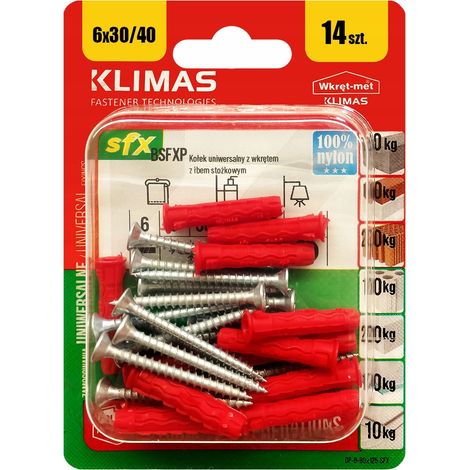 Chevilles Universelles Klimas 6 x 40 Avec Tete Fraisee PZ2, Blister De 14