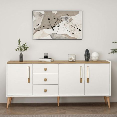 Buffet scandinave blanc et effet bois avec 3 tiroirs MARFA