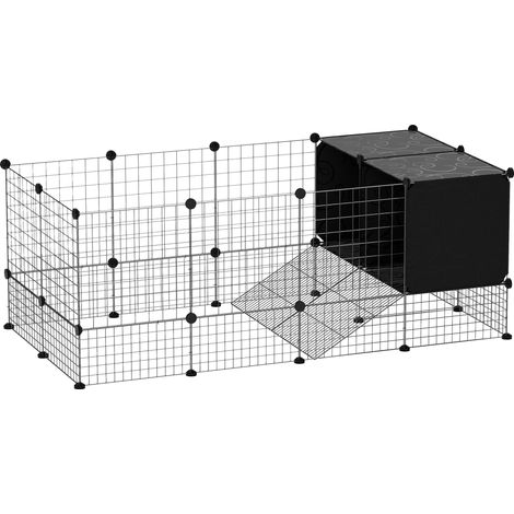Modulares Kaninchengehege mit 31 schwarzen Stahlpaneelen, 140x70x52cm, mit erhöhten Nischen