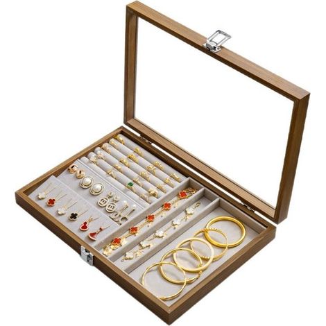 Boîte à bijoux – Rangement – Couvercle transparent – Présentoir à bijoux pour femme – Pour boucles d'oreilles, colliers, bracelets et bagues – Bois – Marron (1/5)