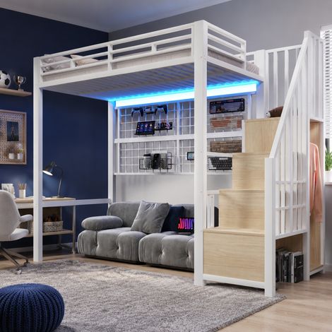 Hochbett 90x200 cm Weiß aus Metall mit Kleiderschrank, Stauraumleiter, Hängegitter und LED-Beleuchtung (1/5)
