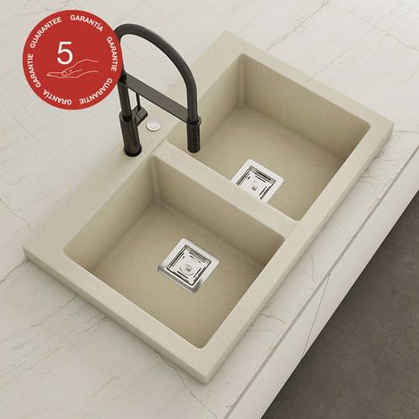 Evier à encastrer POALGI, KOBUS 816, Granit, Beige Pumice, 80 cm, 2 bacs (1/4)