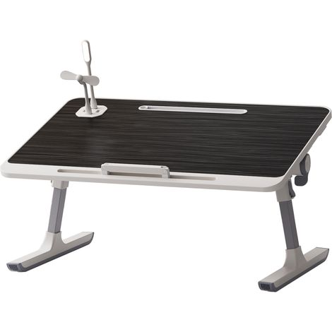 Table de lit pour ordinateur portable, réglage de la hauteur sur 5 niveaux, avec lumière USB, ventilateur, levier d'arrêt, noir. (1/5)