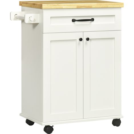 Carrito de cocina con múltiples opciones de almacenamiento, 1 cajón, 1 armario, 1 toallero, acabado blanco y tapa de madera. (1/5)