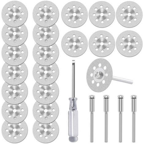 Lot de 20 Disques de Coupe Diamantés (22 mm) pour Outil Rotatif Dremel, Mini Disques à Tronçonner Revêtus de Diamant, Avec 4 Mandrins de 3 mm et Tournevis, pour Verre, Pierre, Carrelage (1/5)