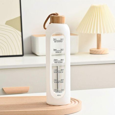 Bouteille d'eau en verre avec manchon en silicone, échelle de temps, en verre borosilicate transparent, blanche, 1 litre, pour le suivi de la consommation d'eau quotidienne. (1/4)