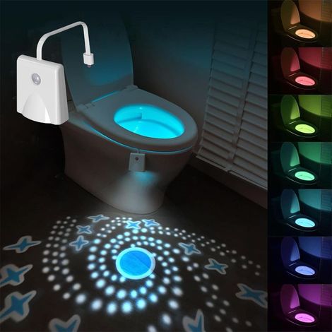 Veilleuse WC à détecteur de mouvement, 16 LED à changement de couleur avec projection d'étoiles, lampe de bol rechargeable – Cadeau amusant pour tous les ages (1/5)
