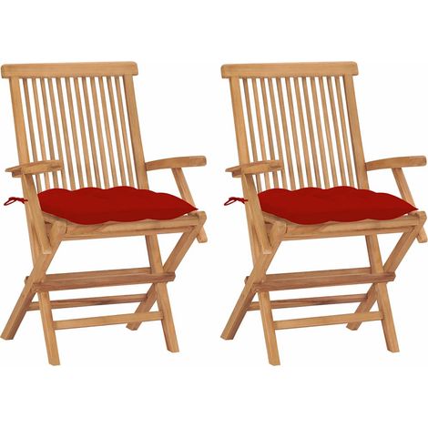 vidaXL Chaises pliantes avec coussins rouges, 2 pièces, en teck massif (1/5)