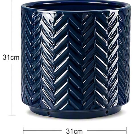 Pot de fleur céramique artisanal, bleu foncé brillant relief arête de poisson, respirant et résistant gel, diamètre 31 cm, intérieur balcon jardin (1/5)
