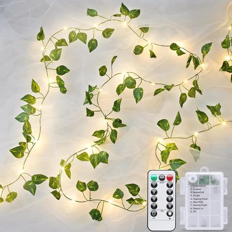 Guirlande lumineuse lierre 2 m – 20 LED, à piles, télécommande – Vigne artificielle – Idéale pour mariage, jardin, balcon et fête – Éclairage décoratif (1/5)