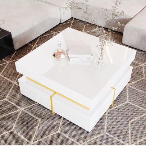 Table basse 70x70x35.5 cm blanc en panneau de particules avec finition brillante et 2 tiroirs (1/5)