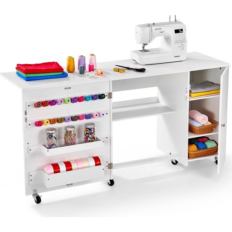 Table de couture pliante, table pour machine à coudre polyvalente pour maison, avec design compact, armoire, roulettes, chevilles en bois, plateaux de rangement, étagère, porte magnétique, blanc